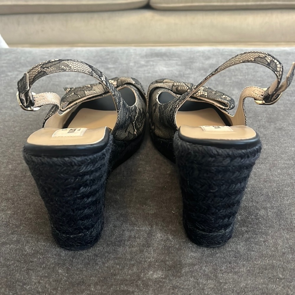 Valentino Black/Beige Lace Slingback Wedge With Bow Espadrille Sandals - Picture 7 of 9